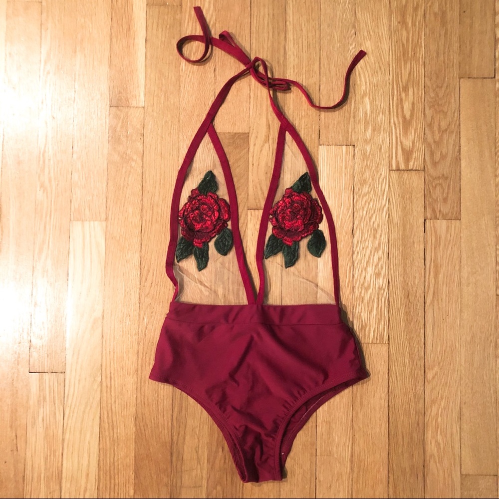 Sheer Rose Flower Appliqué Halter Bodysuit